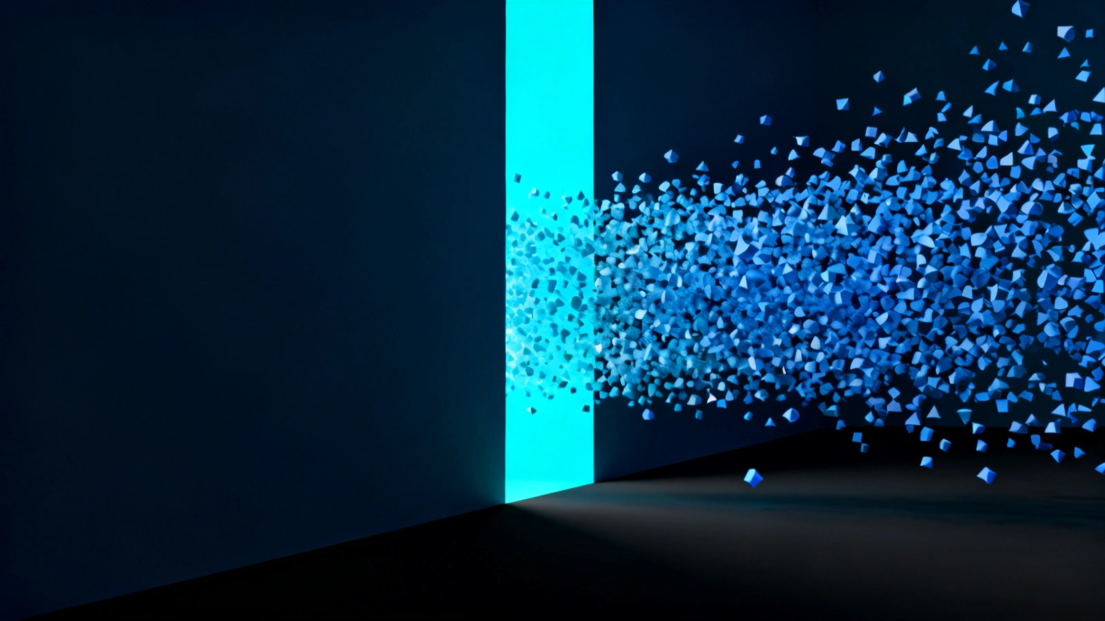 Abstract render of a dense stream of messages being filtered at a luminous cyan gate