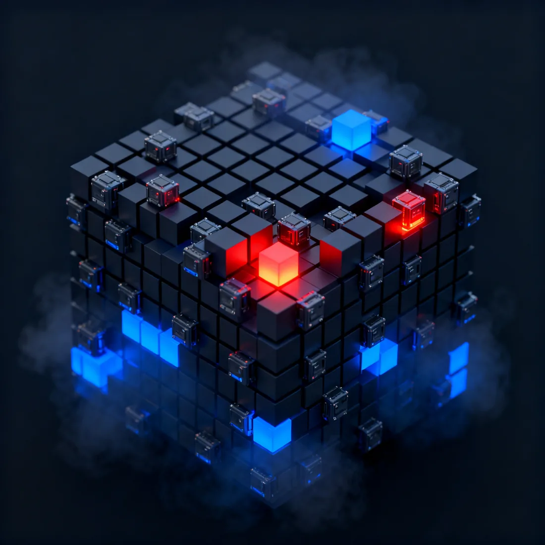 Abstract render of a device grid where a few machines glow red to signal unpatched risk