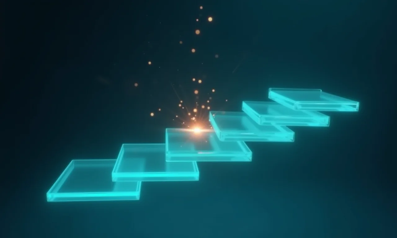 Abstract render of a spark of light stopped partway through a series of glowing glass layers