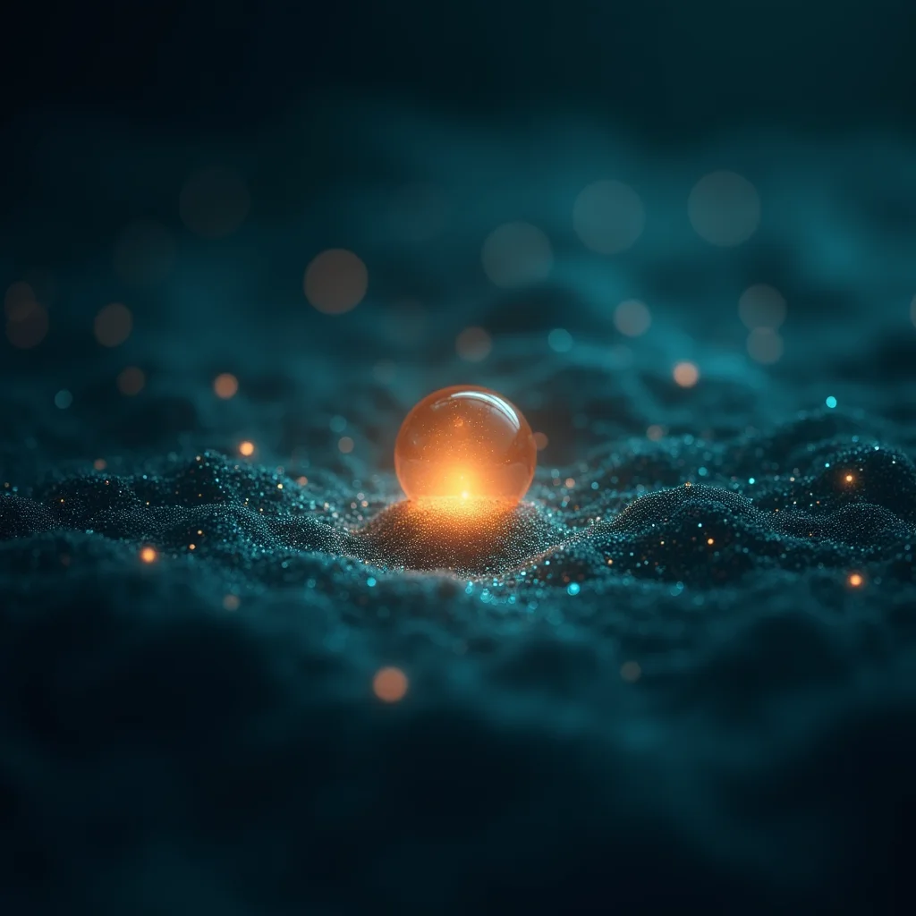 Abstract render of a steady warm light held within a calm field of teal
