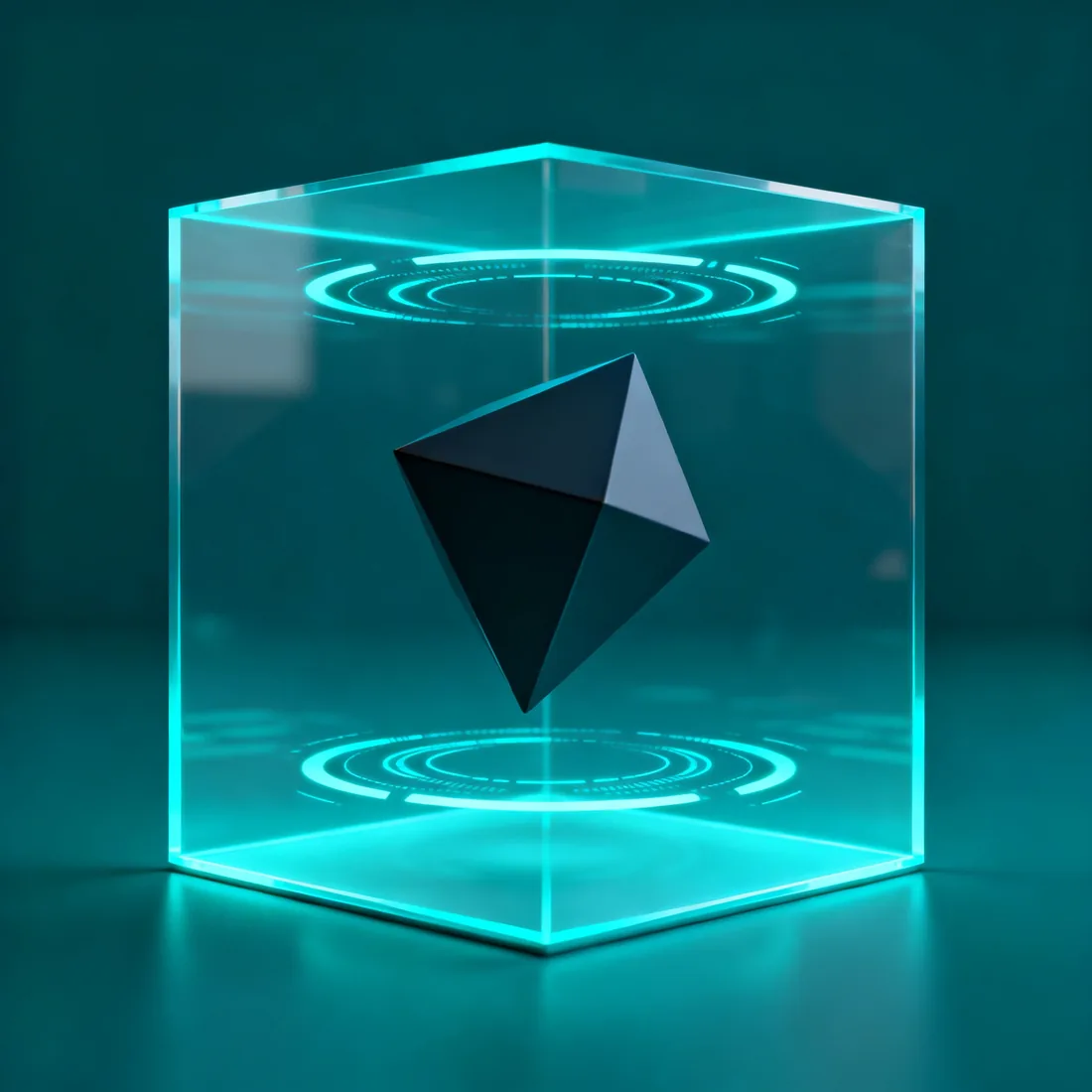 Abstract render of a suspicious file isolated and analyzed inside a transparent containment cube