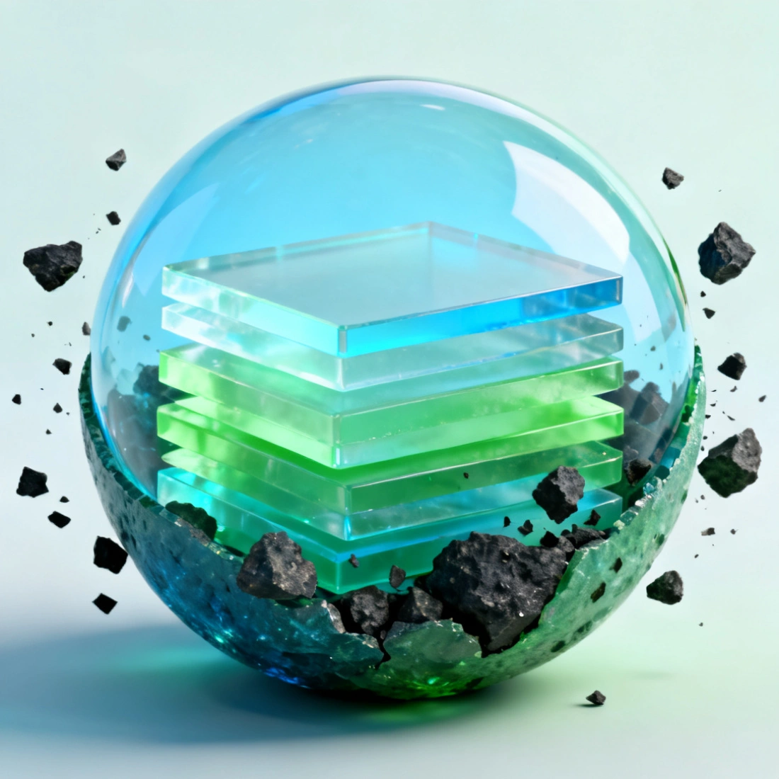 Abstract render of backup data blocks sealed inside a protective shell repelling corruption