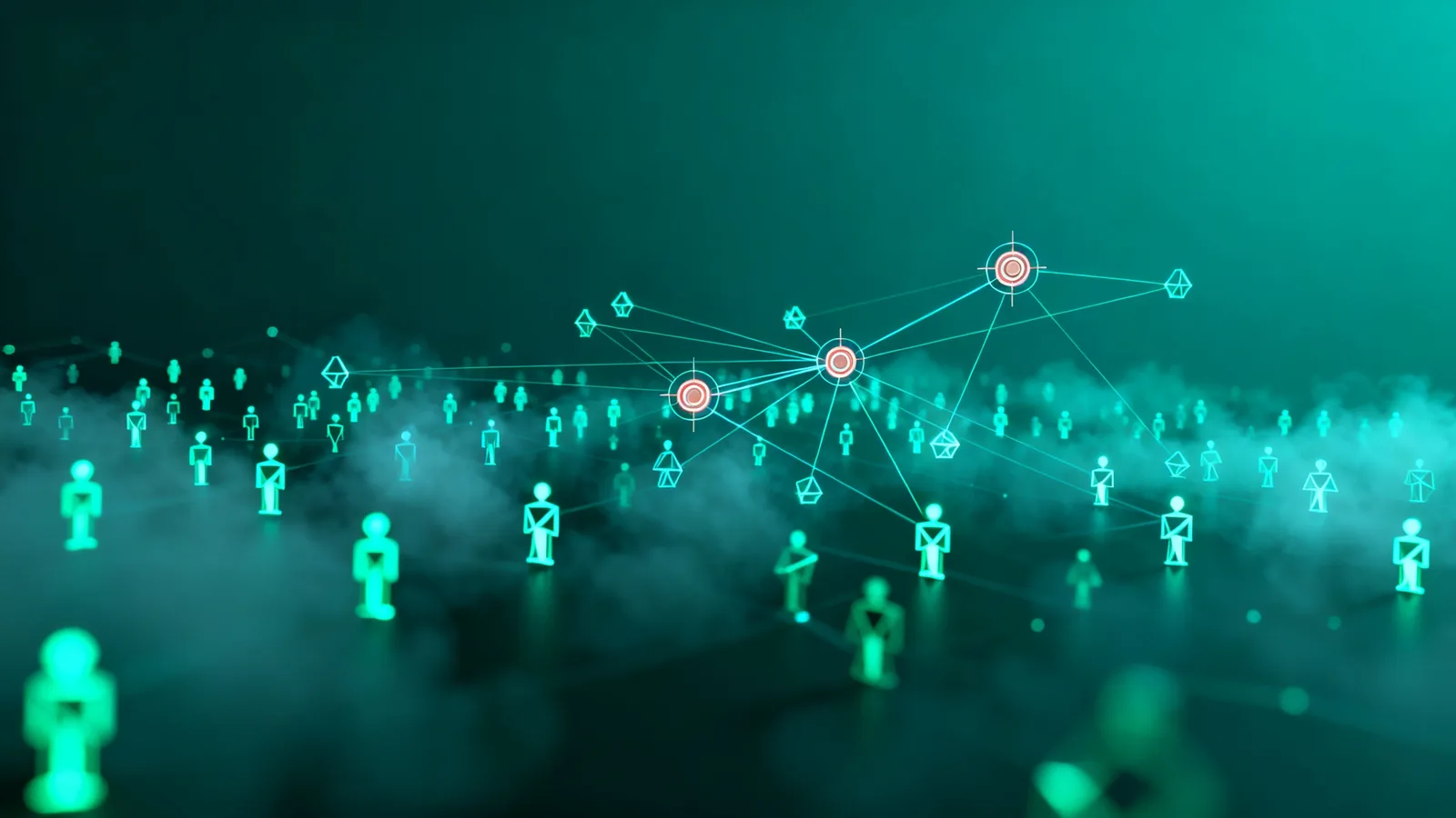 Abstract render of a network of nodes where a few are highlighted as targeted individuals