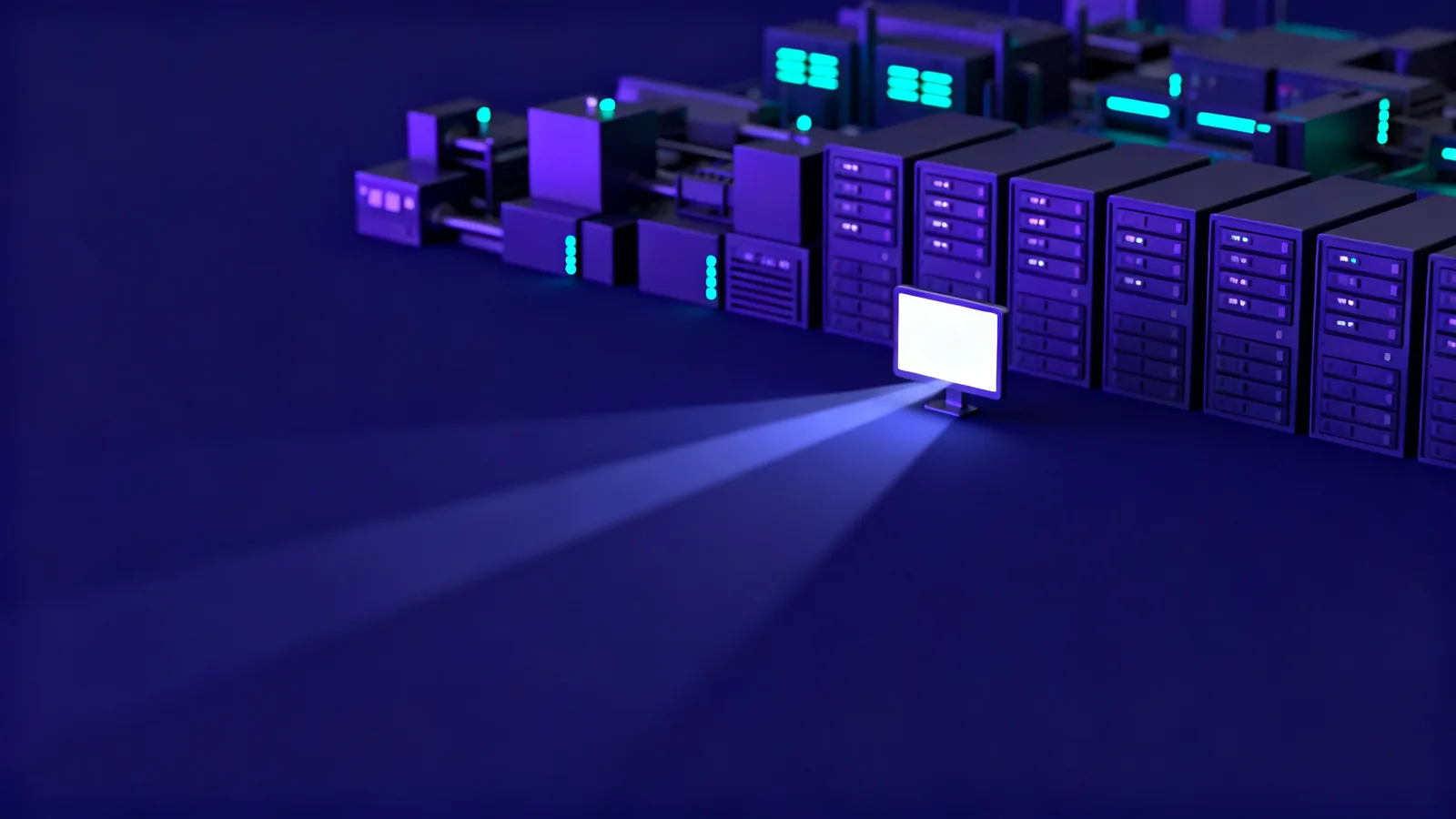 Abstract render of a handheld screen casting control beams onto a distant array of servers