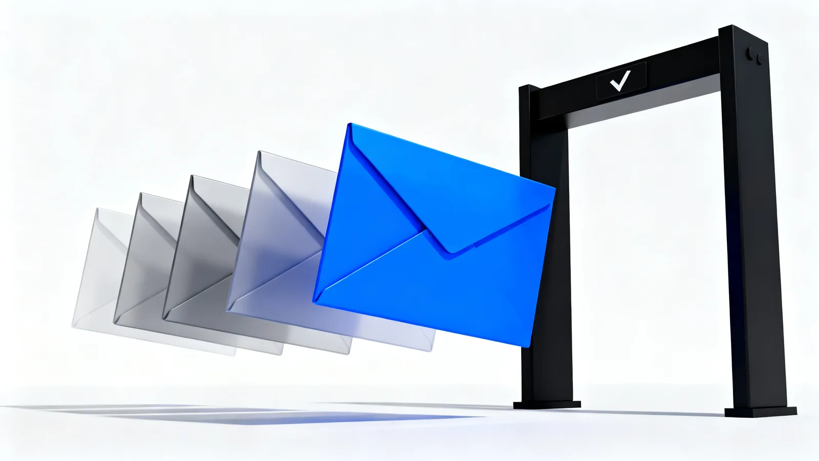 Abstract render of counterfeit messages rejected at a verification gate while the authentic one passes
