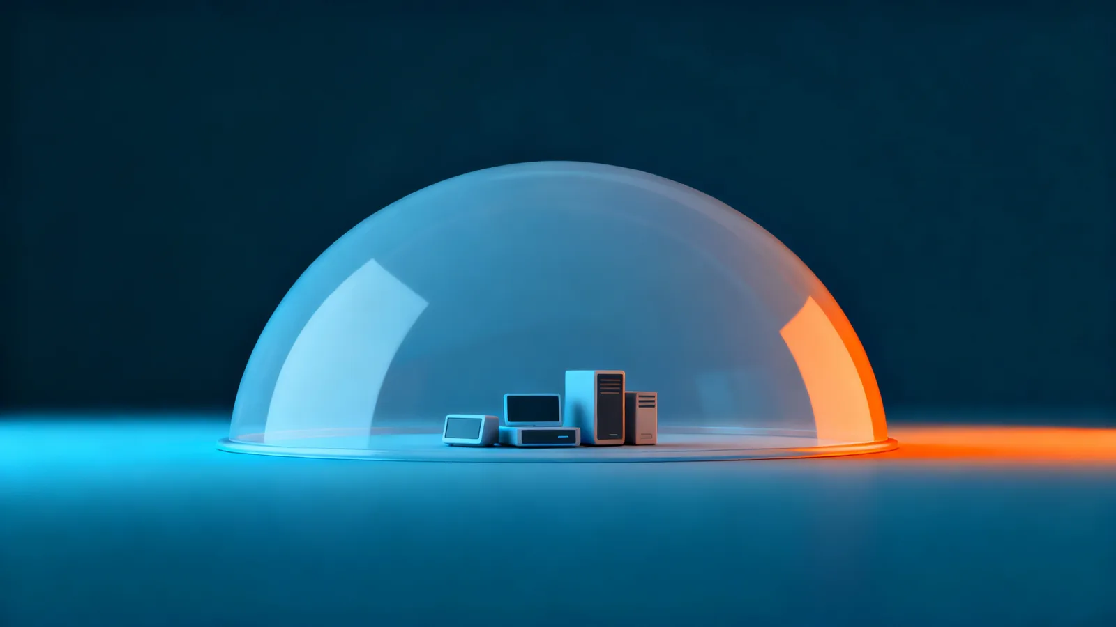 Abstract render of a single clean protective dome over a small cluster of devices